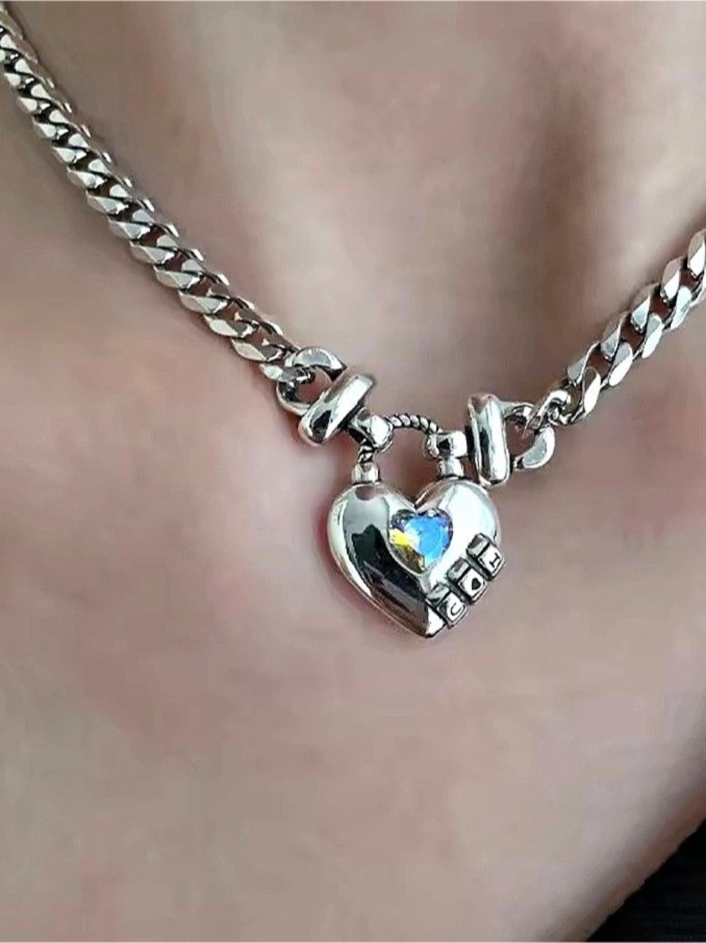 Sterling Silver Heart Lock Cuban Chain Necklace Rhinestone Y2K Choker Statement
